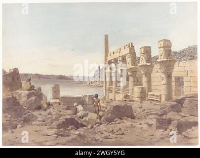 Vista delle rovine del tempio di Philae vicino ad Assuan, Willem de Famars Testas, 1859 carta da disegno. acquerello (vernice). pennello a matita rovina di un edificio  architettura. tempio, santuario - religione egiziana. Razze e popoli asiatici (con IL NOME) Assuan. File. Egittata Foto Stock