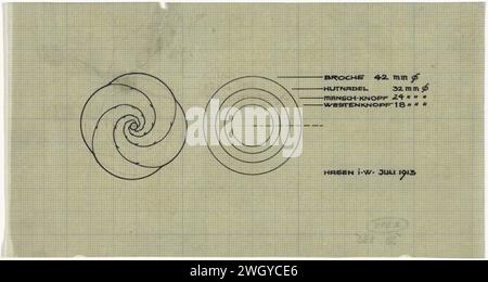 Design per spilla, nodo polsini, spilla e bottone gilet, Mathieu Lauweriks, 1913 Design da disegno per un gioiello. inchiostro. spilla con penna a matita, agraffa, fibbia. perno Foto Stock