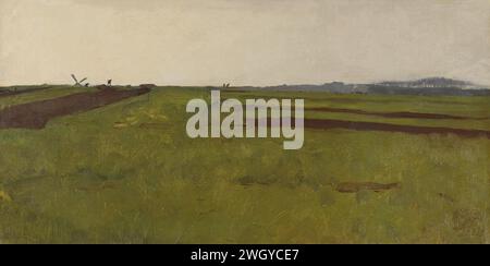 Paesaggio con campi, Willem Witsen, 1885 - 1922 dipinto paesaggio con campi, all'orizzonte a sinistra un mulino e un gruppo di alberi a destra. tela. terreno coltivato con vernice a olio (vernice) Foto Stock