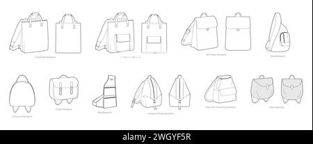 Set di nuovissimi zaini e borse silhouette. Illustrazione tecnica degli accessori alla moda. Vista frontale 3-4 vettoriale per uomo, donna, modello unisex, borsa piatta con disegno CAD isolato Illustrazione Vettoriale