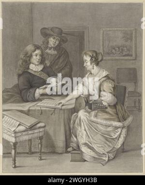 Coppia musicale, un uomo guarda, Abraham Delfos, dopo Gerard ter Borch (II), 1741 - 1820 carta da disegno. spazzola con gesso, musica strumentale e vocale insieme Foto Stock