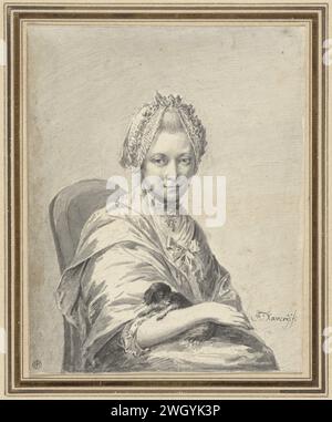 Ritratto di una giovane donna con un cane, Franciscus Xaverius Xavery, 1750 - c. 1777 disegno Ritratto di giovane donna in sedia, tre quarti a destra, con il cane pechineese in grembo. carta. pennello a matita anonimo persona storica ritratta da sola Foto Stock
