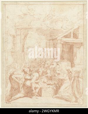 Culto dei pastori, anonimo, c. 1530 disegno carta Parma. Adorazione gesso del Cristo-bambino da parte dei pastori; Maria e Giuseppe presenti Foto Stock