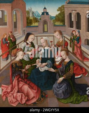 La Vergine col bambino con quattro Vergini, Maestro della Vergine inter Virgines, c. 1495 - c. 1500 dipinto Maria con il bambino Cristo e le Sante Caterina, Cecilia, Barbara e Ursula, seduta in un tribunale recintato (da un monastero?). Fuori dalla corte, due uomini sulla sinistra, probabilmente Johannes e Jacobus. Sulla destra due donne, probabilmente le Sante Maria Maddalena e Margaretha. Pannello dei Paesi Bassi settentrionali. Vernice a olio (vernice) "Virgo inter Virgines". La vergine martire Caterina d'Alessandria; possibili attributi: Libro, corona, imperatore Massenzio, ramo di palma, anello, spada, ruota. il martire vergine Foto Stock