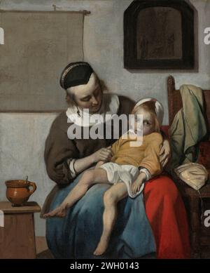 Il bambino malato, Gabriël Metsu, c. 1664 - c. 1666 dipingendo il bambino malato. Una madre è seduta in grembo con un bambino. A sinistra su un tavolo c'è una pentola con un cucchiaio, distesa sui vestiti di destra e un cappello su una sedia. Una mappa è appesa al muro e un dipinto con una crocifissione. tela. paziente con vernice a olio (vernice), malato. madre e figlio (o figli) (gruppo familiare). immagine, pittura. Cristo crocifisso, con persone particolari sotto la croce Foto Stock