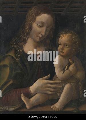 Vergine col bambino, Francesco Napoletano (attribuito a), 1490 - 1510 dipinto Maria con bambino. Maria in piedi accanto al bambino Cristo che siede su un cuscino su una balaustra con un uccello in mano. pannello. Pittura ad olio (pittura) Madonna: Maria in piedi (o mezza lunghezza), Cristo-bambino vicino al suo seno Foto Stock