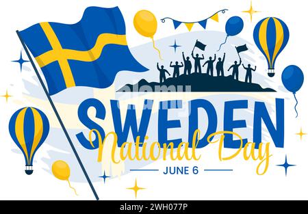 Illustrazione vettoriale della giornata nazionale svedese il 6 giugno celebrazione con bandiera svedese e nastro in festività sfondo piatto di cartone animato Illustrazione Vettoriale