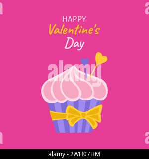 Carta di San Valentino con cupcake in stile cartoni animati. Muffin dolce con panna per biglietti di auguri di compleanno, cartolina, copertina di invito. Poster per matrimoni, pagina modello di sfondo. Illustrazione del disegno vettoriale Illustrazione Vettoriale