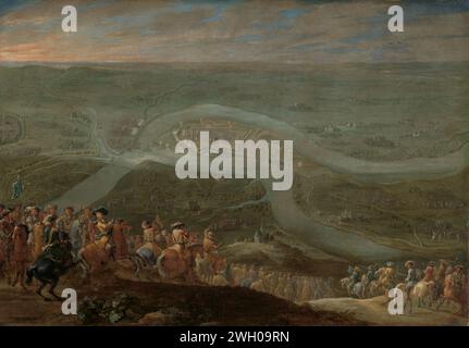 Re Luigi XIV e la sua Entourage all'assedio di Schenkenschans, 1672, Lambert de Hondt (II), c. 1675 dipingendo le truppe di Lodewijk XIV per Schenkenschans, 18 giugno 1672. Dal primo piano, i cavalieri di sinistra e di destra scendono da una collina sulla strada per la fortezza, situata nella pianura alla spaccatura di Rijn e Waal. In primo piano un gruppo di ufficiali a cavallo, sullo sfondo una mappa della regione in una prospettiva breve con le armi che avanzano da tutti i lati. Pendente SK-A-4663. tela. fortezza di vernice a olio. Attacco  assedio Schenkhans Foto Stock
