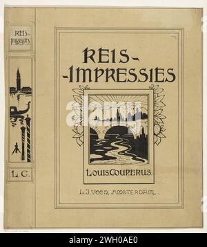 Design della band per: Louis Couperus, Travel impressions, 1894, Karel Sluijterman, in o prima del 1894 disegno Vista di un villaggio con un ponte su un fiume in primo piano. Lo spettacolo è inserito in una lista. Foglie e limoni crescono intorno alla lista. Sulla ZONA DI BUCK Una facciata su Venezia con il campanile e una gondola sull'acqua. carta. inchiostro. penna a matita / pennello prospettiva del villaggio, silhouette del villaggio. ponte. parti dell'esterno della chiesa e allegati: campanile. Alberi: Limone Venezia Foto Stock