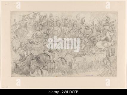 Study for the Battle of Waterloo, Jan Willem Pieneman, c. 1824 carta da disegno. battaglia con gesso (+ forze terrestri). eventi e situazioni storiche Foto Stock