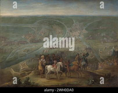 Comandanti francesi all'assedio di Rheinberg, 1672, Lambert de Hondt (II), c. 1675 dipingendo l'assedio di Rijnberg da parte dei francesi, 6 giugno 1672. I cavalieri sono sulla destra in direzione delle fortezze. In primo piano un gruppo di ufficiali a cavallo, sullo sfondo una mappa della regione in una prospettiva breve con le battaglie che si stanno combattendo. Pendente SK-A-4662. tela. olio vernice (vernice) attacco  assedio. Fortezza di Rijnberg Foto Stock