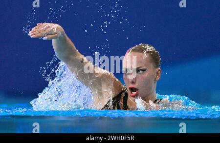 Doha, Qatar. 6 febbraio 2024. Viktoria Reichova della Slovacchia gareggia durante la finale del nuoto artistico femminile libero dal nuoto artistico ai Campionati mondiali di acquatica di Doha, Qatar, il 6 febbraio 2024. Crediti: Xia Yifang/Xinhua/Alamy Live News Foto Stock