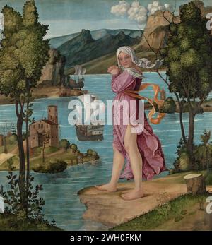 Arianna su Nasso, Filippo da Verona, 1510 - 1530 dipinge donna in piedi su una sporgenza vicino al lungomare. Una donna sta in piedi con le mani piegate sulle rive di un'acqua, una nave arriva in lontananza. A sinistra una casa su un'isola. Una volta mi interpretavano come una performance di Arianna su Naxos. pannello. Vernice a olio (vernice) in piedi - AA - figura umana femminile. costa rocciosa. barca a vela, barca a vela Foto Stock