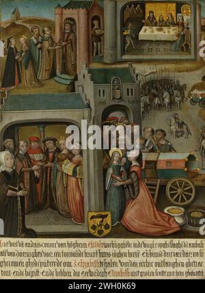 Quattro scene della leggenda di Santa Elisabetta d'Ungheria, anonime, circa 1500 dipingendo quattro scene della leggenda di Santa Elisabetta d'Ungheria. Scene di un addio o di un incontro a un cancello, una festa con musicisti, il suo matrimonio con Lodewijk IV, Landgraaf van Thüringen. In basso a destra, Santa Elisabetta dice addio a una donna (sua madre?) Alla porta della città di Presburg, dopo di che lascia un'auto da viaggio. In basso ha lasciato un fondatore inginocchiato con un rosario. Pannello dei Paesi Bassi settentrionali. Pittura ad olio (pittura) la moglie e vedova del Langravio di Turingia, e francescano Terziario, Elisabetta di Hunga Foto Stock