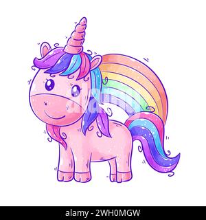 Simpatico unicorno in piedi davanti al vettore dei cartoni animati arcobaleno Illustrazione Vettoriale