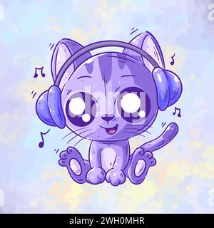 Carino gatto seduto ad ascoltare la musica dei cartoni animati Illustrazione Vettoriale