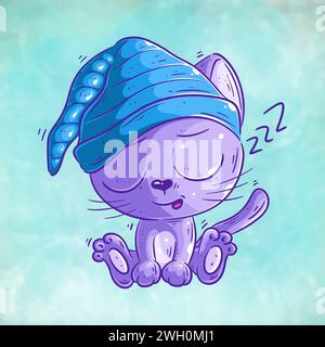 Carino gatto seduto addormentato vettore di cartoni animati Illustrazione Vettoriale