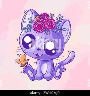 Carino gatto seduto a giocare con un vettore di cartoni animati a farfalla Illustrazione Vettoriale