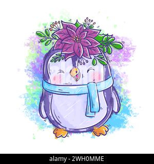 Il simpatico pinguino indossa uno scaldacci e ha un fiore sulla testa vettore dei cartoni animati Illustrazione Vettoriale