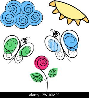 Nuvola a spirale, sole, farfalle e rosa fiorita nei colori dei marcatori. SER di 5 elementi di design stilizzati. Isolare. EPS. Concetto vettoriale per saluti o inviti, poster, banner, brochure, cartelloni pubblicitari o Web Illustrazione Vettoriale