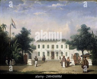 Casa sul Rijswijk, Batavia (veterano Jalan), Ernest Alfred Hardouin, 1835 - 1845 dipingendo la casa su Rijswijk (veterano Djalan) a Batavia, costruita da Pieter Tency nel 1796. In primo piano una donna giavanese con Pajong, un ragazzo di casa, un arabo con un servo, un cavallo con un cavallo, un comandante in attesa e quattro soldati. oliare la vernice (vernice). biancheria (materiale) villa. Governo coloniale Batavia. Rijswijk Foto Stock