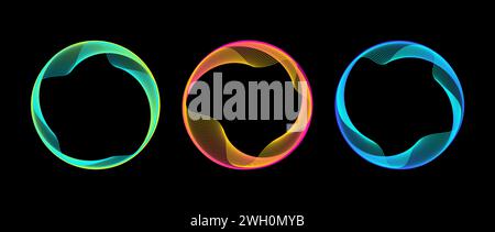 Set di linee circolari di blend al neon. Collezione di cornici tecnologiche colorate e luminose. Linee ondulate curve circolari su sfondo nero. Pacchetto bordo circolare gradiente luminoso. Fascio di elementi di progettazione vettoriali Illustrazione Vettoriale