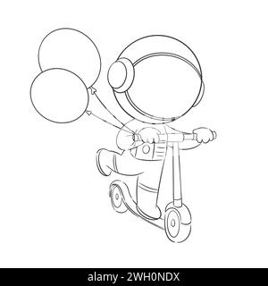 Astronauti che giocano su scooter e trasportano palloncini per colorare Illustrazione Vettoriale