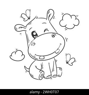 L'ippopotamo carino è un vettore di cartoni animati per colorare Illustrazione Vettoriale