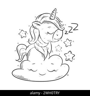 Un simpatico unicorno è nella nuvola per colorare Illustrazione Vettoriale