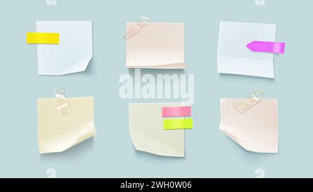 Serie di note cartacee isolate sullo sfondo. Illustrazione vettoriale realistica di pagine vuote per appunti attaccate alla bacheca o alla parete con nastro adesivo colorato, messaggio di promemoria, elenco delle attività da svolgere, foglio di programmazione Illustrazione Vettoriale
