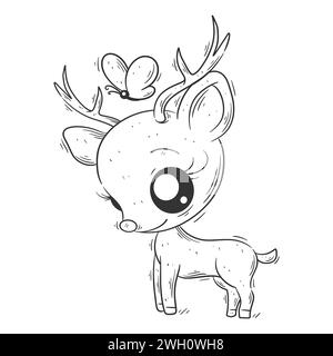 I simpatici cervi stanno giocando con la farfalla per colorare Illustrazione Vettoriale