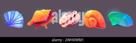 Collezione di icone dell'interfaccia utente del gioco Sea o Ocean shell. Set di illustrazioni vettoriali cartoni animati di colorate creature marine sottomarine con conchiglia. Acquario e lumaca di fondale marino, vongole chiuse e crostacei. Illustrazione Vettoriale