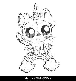 Simpatico gatto unicorno seduto sull'arcobaleno per colorarlo Illustrazione Vettoriale