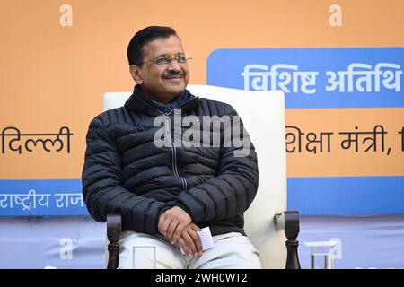 Nuova Delhi, India. 6 febbraio 2024. NUOVA DELHI, INDIA - 6 FEBBRAIO: Arvind Kejriwal, primo ministro di Delhi durante l'inaugurazione del nuovo edificio della Dr. B. R. Ambedkar School of Specialized Excellence a Paschim Vihar il 6 febbraio 2024 a nuova Delhi, India. (Foto di Sanchit Khanna/Hindustan Times/Sipa USA) credito: SIPA USA/Alamy Live News Foto Stock