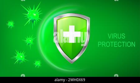 Banner di protezione antivirus con scudo, croce e batteri su sfondo verde. Illustrazione vettoriale realistica di cellule piked che attaccano la bolla di sicurezza immunitaria, modello di poster medico, concetto di vaccinazione Illustrazione Vettoriale