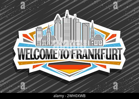 Logo Vector per Francoforte, etichetta decorativa bianca con illustrazione del paesaggio europeo di francoforte sullo sfondo del cielo, frigorifero line art design Illustrazione Vettoriale