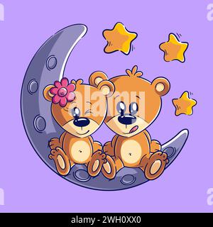 Un paio di orsi carini sono seduti sulla luna Illustrazione Vettoriale