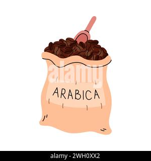 Illustrazione vettoriale dei chicchi di caffè tostati. Grazioso elemento di design dei cartoni animati. Semplice oggetto disegnato a mano. Caffè in sacchetto isolato su bianco Illustrazione Vettoriale