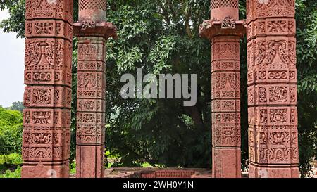 Intaglio sulle colonne del tempio giainista di Char Khamba, Peenjana, Baran, Rajasthan, India. Foto Stock