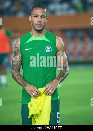 Il giocatore nigeriano Troost Ekong durante l'allenamento pre-partita durante la partita tra Nigeria e Camerun al 2023 AFCON in Costa d'Avorio. Foto di Adeniyi Mu Foto Stock