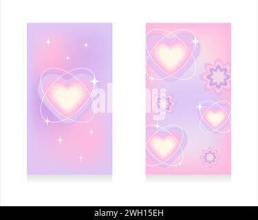 Set di sfondi sfumati rosa e viola sfocati in colori pastello. Sfondo della storia con cuori sfocati y2k con orbite lineari, stelle. Social netwo Illustrazione Vettoriale