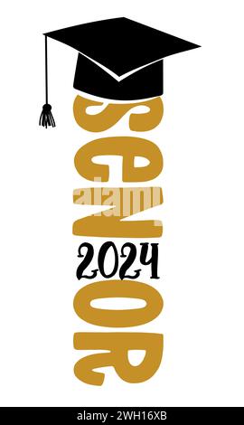 Senior 2024 - tipografia. testo nero su sfondo bianco isolato. Illustrazione vettoriale di una classe graduata di 2024. Illustrazione Vettoriale