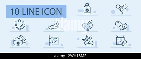 Icona della linea di trattamento. Farmaci, sanità, industria farmaceutica, pillole, farmaci da prescrizione. Sfondo color pastello. Icona della linea vettoriale per le aziende Illustrazione Vettoriale