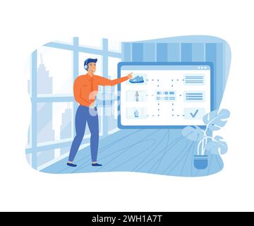 Assistente online, consulente remoto. Uomo che aiuta i clienti durante la chiamata al negozio virtuale. illustrazione moderna vettoriale piatta Illustrazione Vettoriale