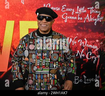 Los Angeles, Stati Uniti. 6 febbraio 2024. Stevie Wonder partecipa alla prima del dramma biografico cinematografico "One Love" al Regency Village Theatre di Los Angeles martedì 6 febbraio 2024. Storyline: La storia di come l'icona reggae Bob Marley ha superato le avversità e il viaggio dietro la sua musica rivoluzionaria. Foto di Jim Ruymen/UPI credito: UPI/Alamy Live News Foto Stock