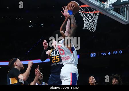 Non esclusiva: 5 febbraio 2024 a città del Messico, Messico: Nate Pierre-Lois (15) di Capitanes guida al basket durante la partita di NBA G League Foto Stock