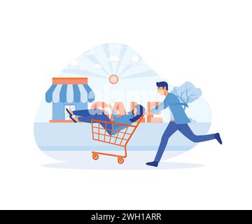 L'uomo spinge il carrello con una donna. Grandi sconti per lo shopping. illustrazione moderna vettoriale piatta Illustrazione Vettoriale