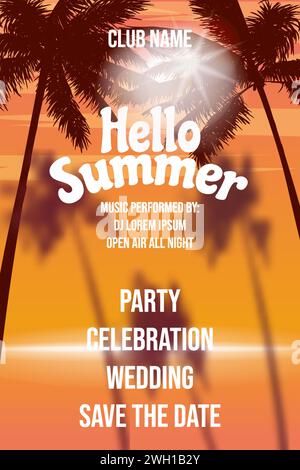 Ciao estate Sunset Beach Party Template Design Palms Party Poster, volantino Illustrazione Vettoriale