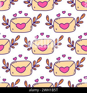 Motivo senza cuciture con busta con cuore e ramoscelli rosa. Buon San Valentino. Elemento d'amore, sentimenti. Illustrazione vettoriale mano disegnata a mano Illustrazione Vettoriale